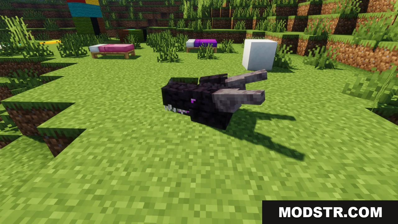 Ender Dragon Reborn Resource Pack Screenshot 9 A black dragon head with horns sitting on a green grass field