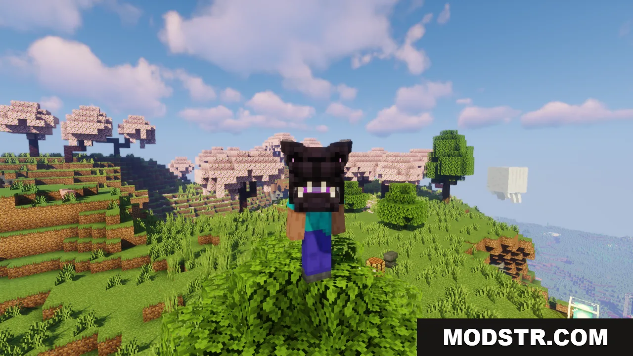 Ender Dragon Reborn Resource Pack Screenshot 8 A player wearing the Ender Dragon Reborn head in a cherry blossom forest