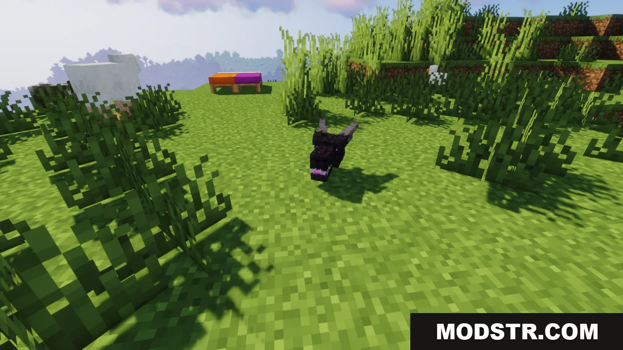 Ender Dragon Reborn Resource Pack Screenshot 4 Front view of a floating Ender Dragon head on a grassy Minecraft landscape