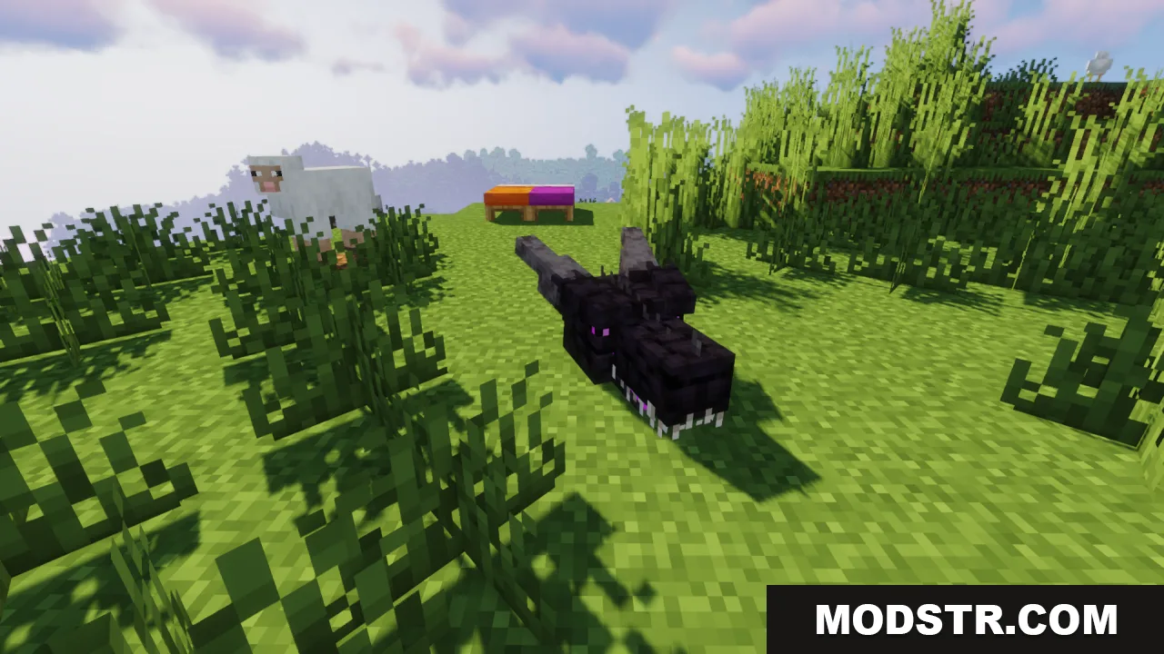 Ender Dragon Reborn Resource Pack Screenshot 6 The aggressive Ender Dragon Reborn head sitting in a field with sheep
