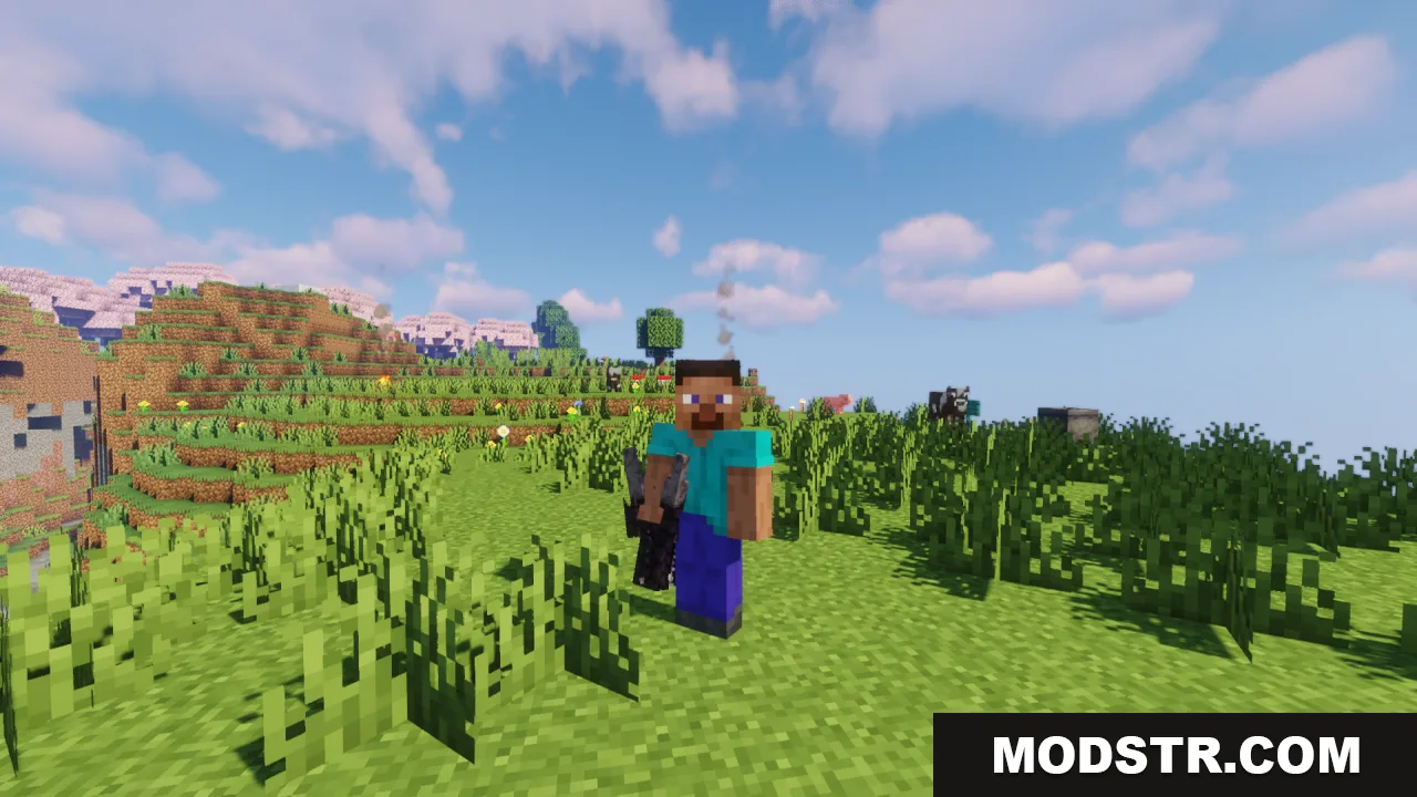 Ender Dragon Reborn Resource Pack Screenshot 2 Steve holding a dark dragon head item from the Ender Dragon Reborn pack