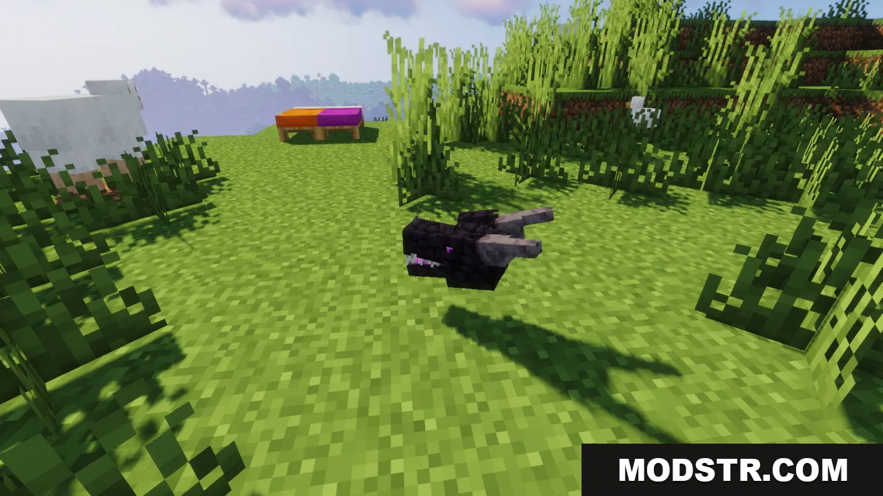 Ender Dragon Reborn Resource Pack Screenshot 3 A detailed Ender Dragon head model floating over a grassy Minecraft field