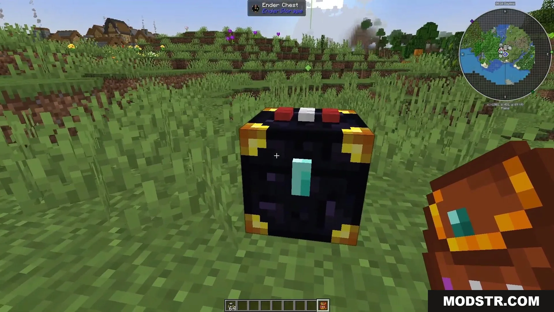 A player looks at a color coded Ender Chest from the Ender Storage mod