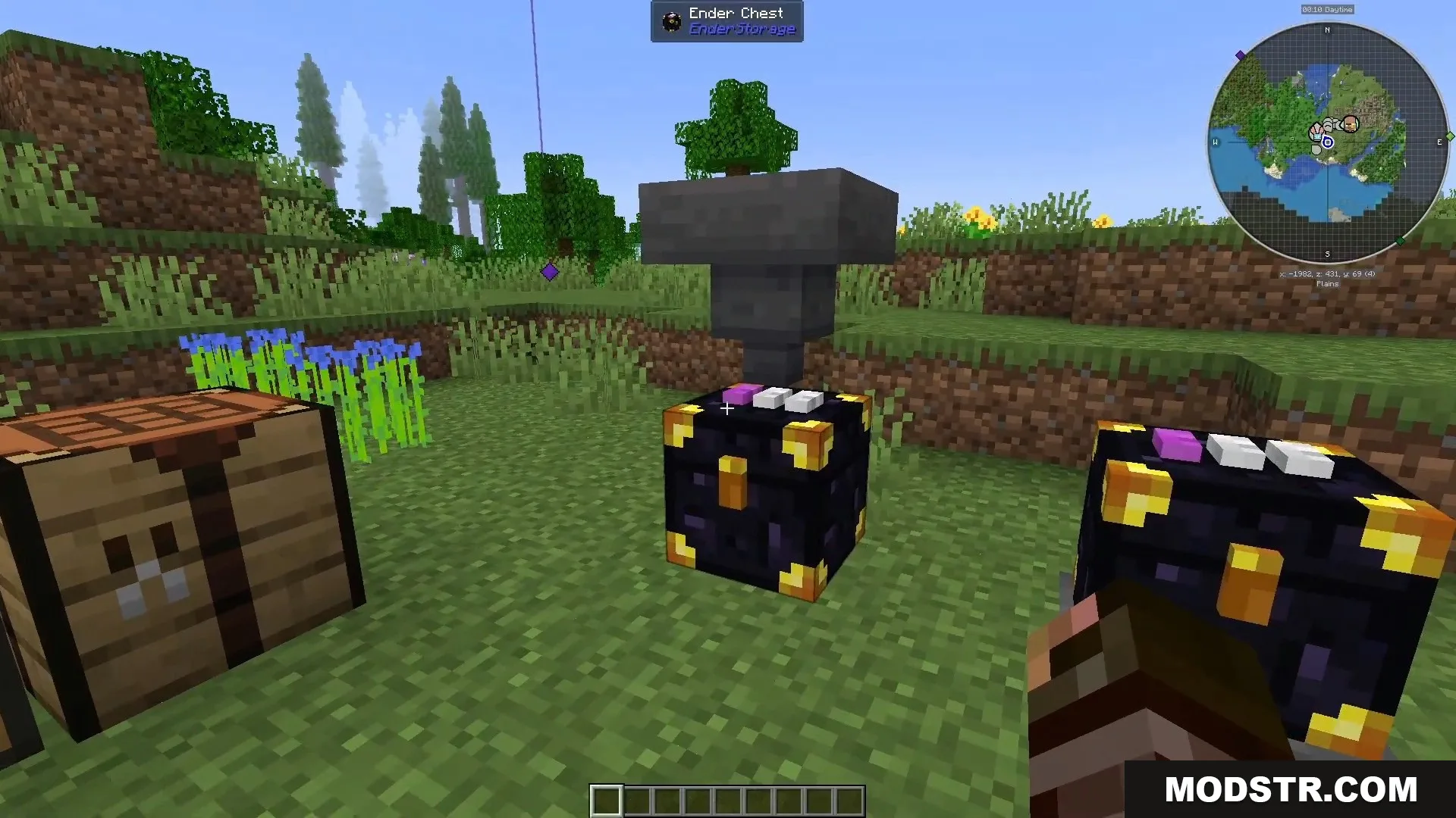 A hopper is placed on top of a color coded Ender Chest