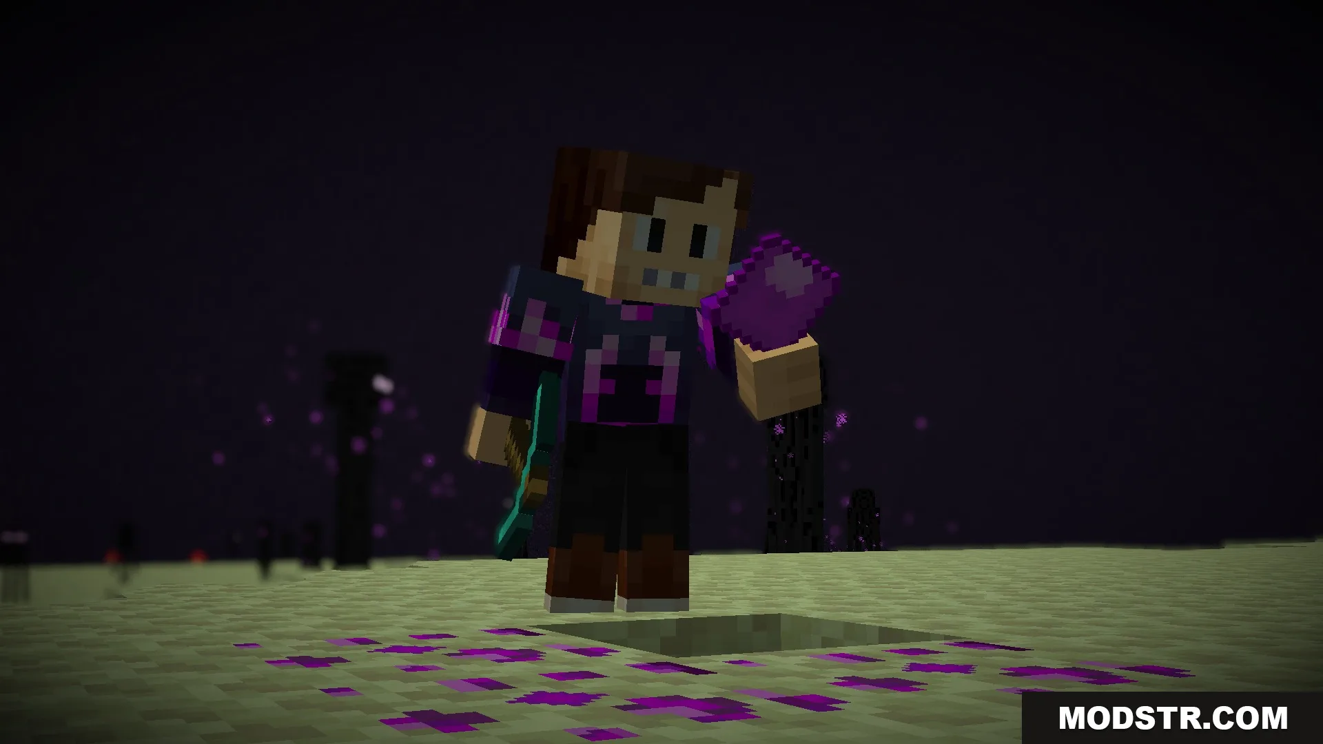 Enderfy Mod Screenshot 3 A player holds a purple pearl piece while exploring the End dimension