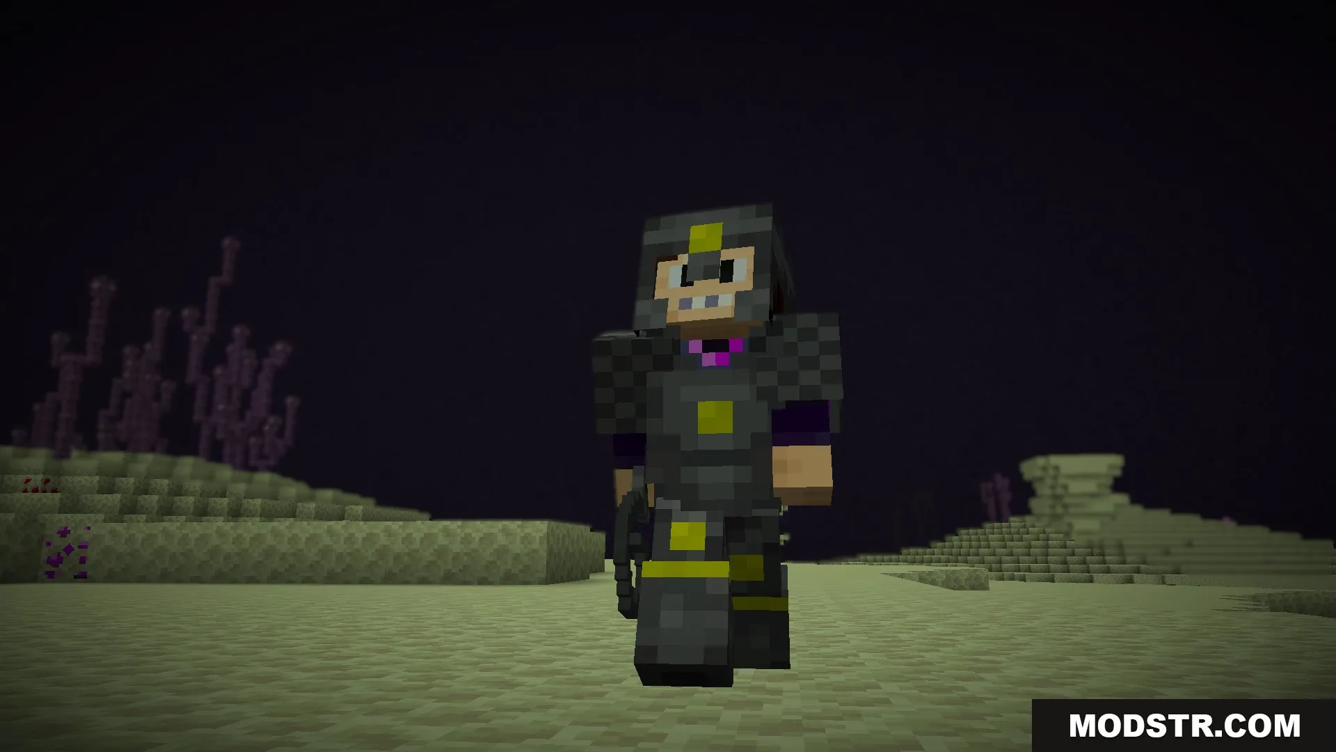 Enderfy Mod Screenshot 4 A Minecraft character wearing a full set of dark enderite armor