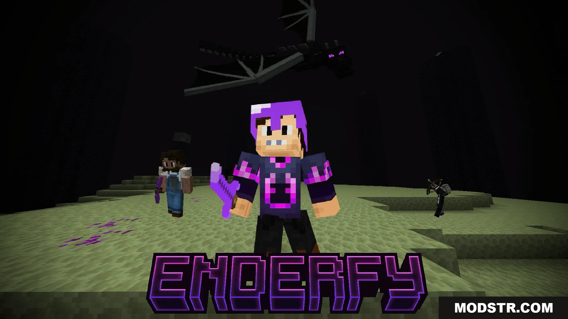Enderfy Mod Screenshot 1 A character in purple armor standing in the End with the Enderfy logo