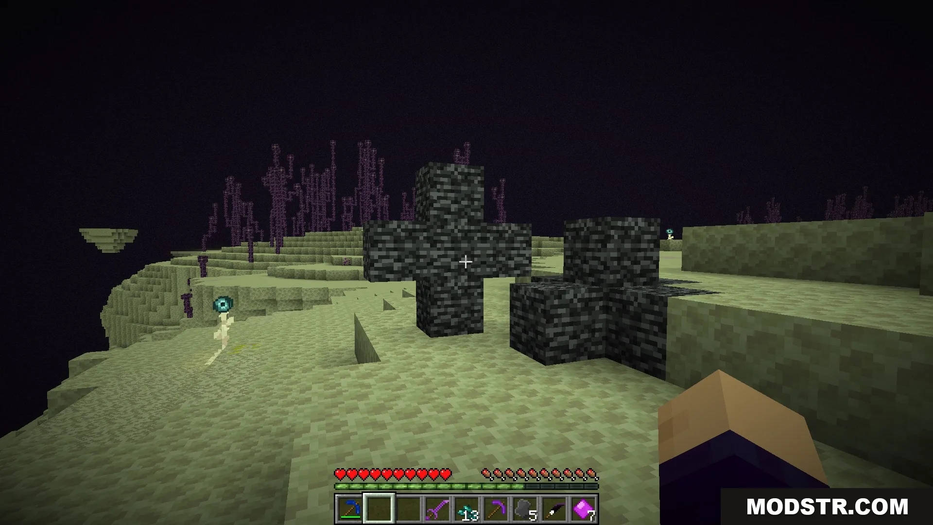 Enderfy Mod Screenshot 8 A player discovers mysterious bedrock cross structures on a floating End island