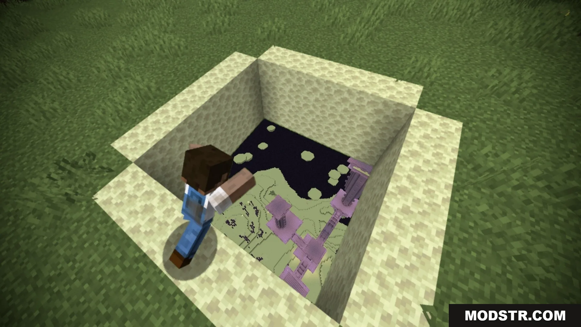 Enderfy Mod Screenshot 5 A player jumps into a hole in the ground showing the End dimension