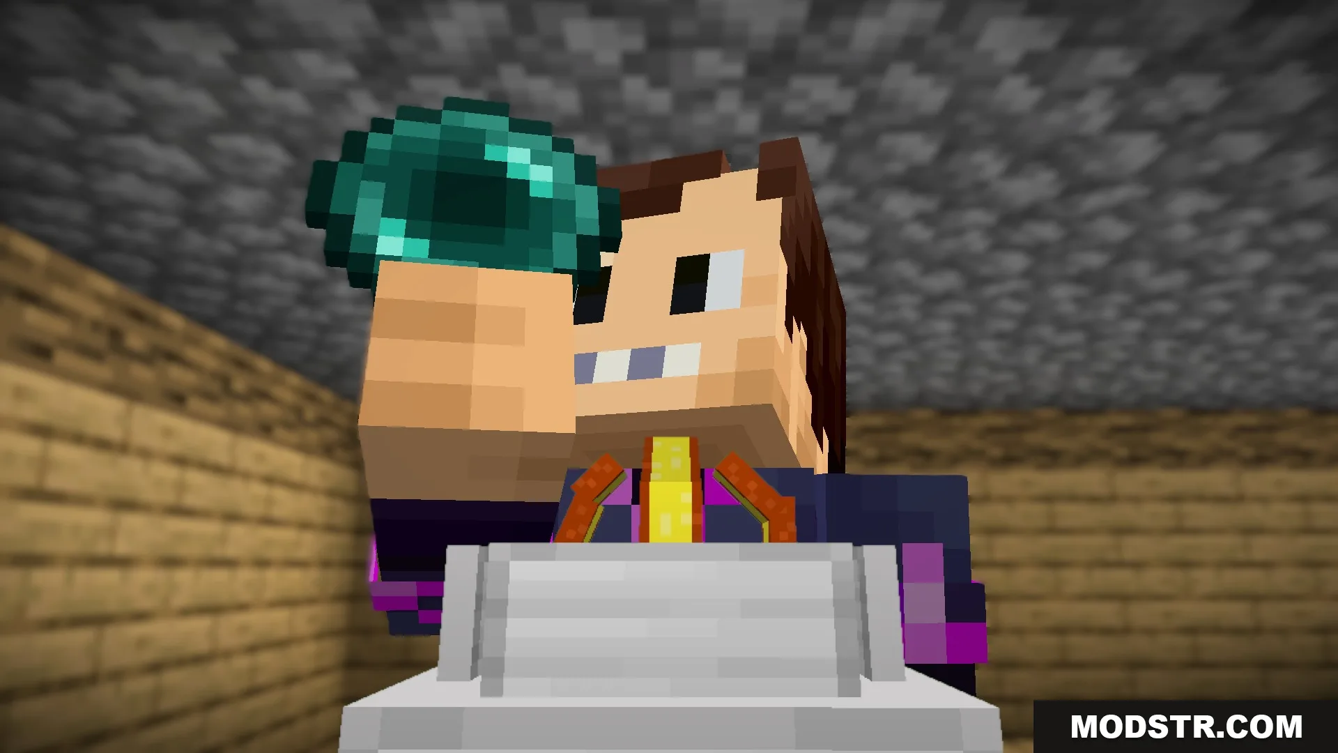 Enderfy Mod Screenshot 2 A player holding an ender pearl over a pearl activator in a wooden room