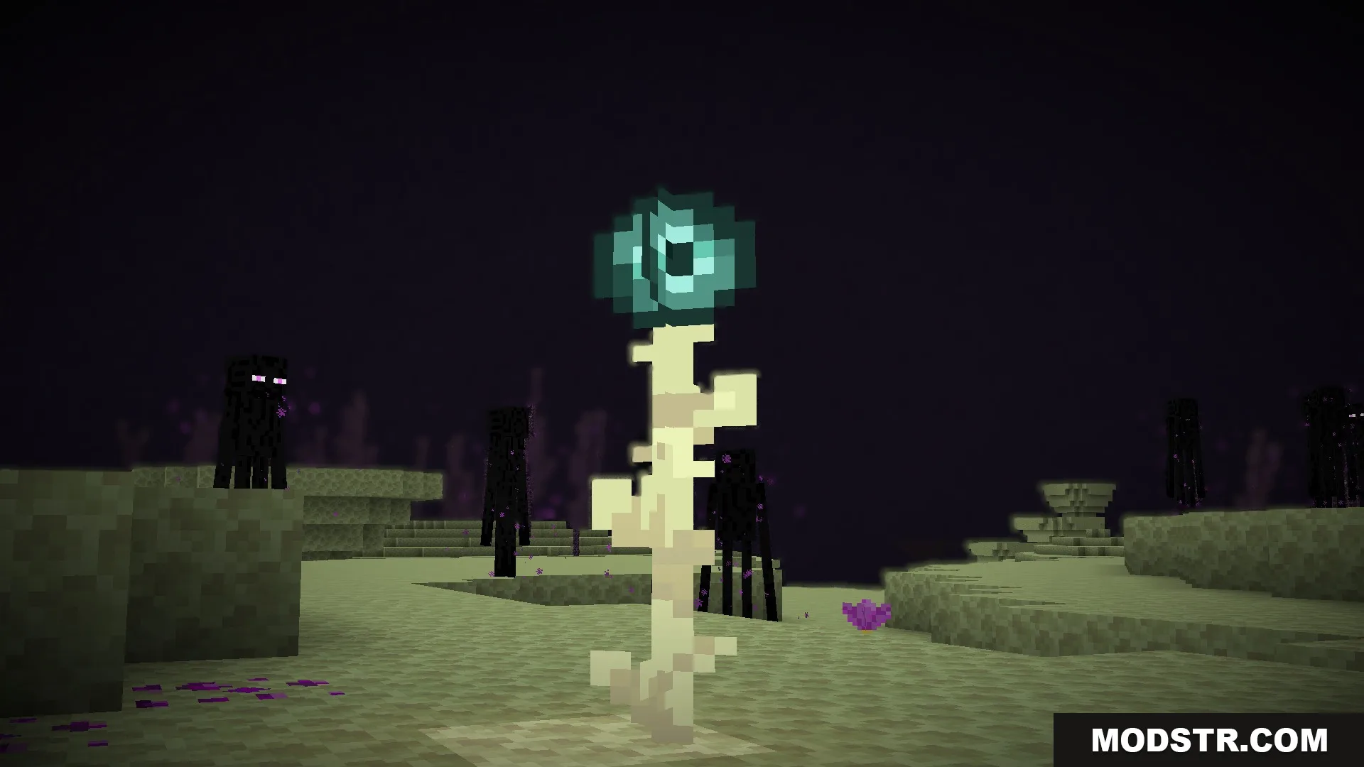 Enderfy Mod Screenshot 6 An ender pearl sits on a plant stem surrounded by dark Endermen