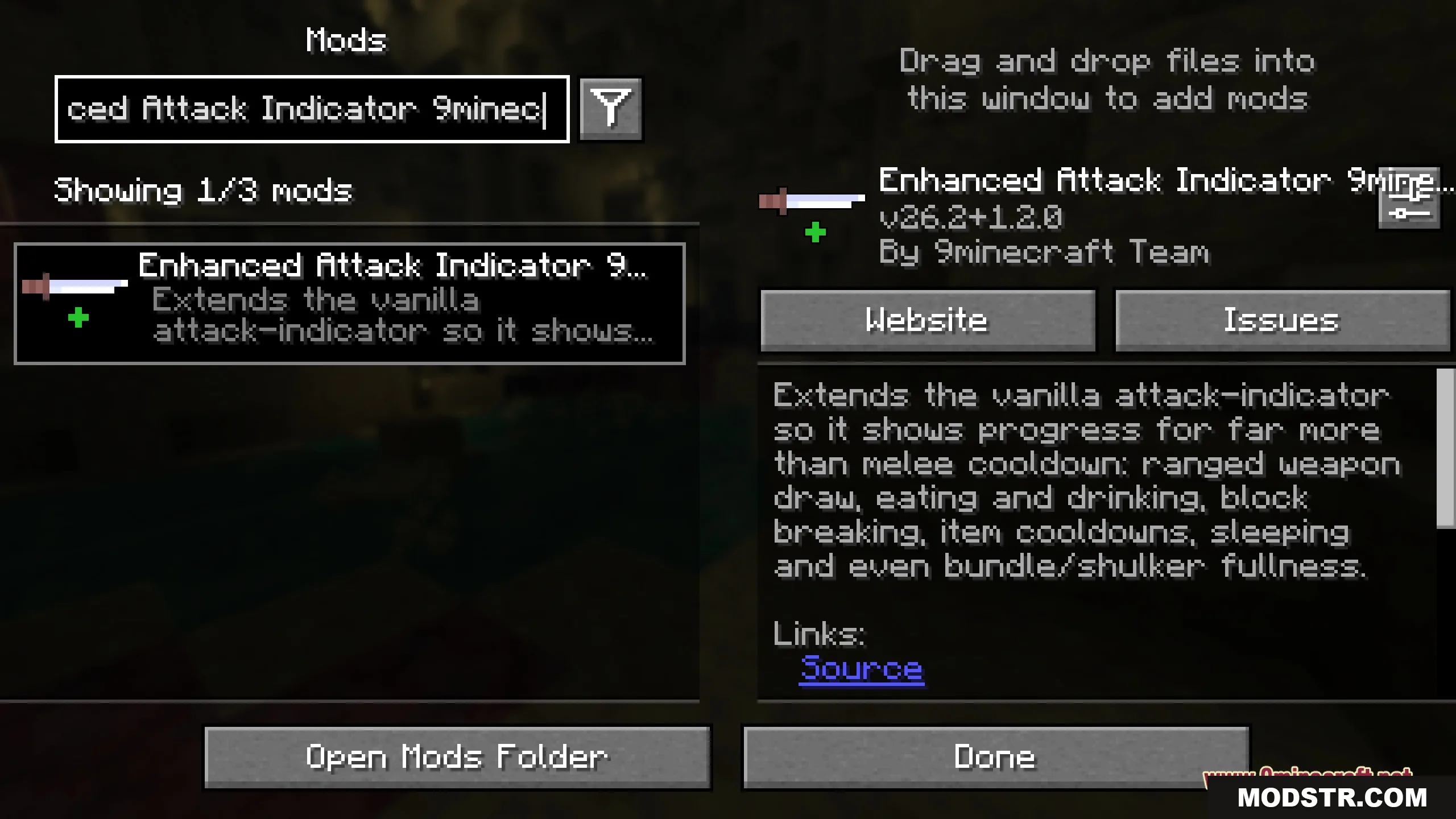 Enhanced Attack Indicator 9minecraft Mod Screenshot 1 Minecraft mod menu screen showing details for the Enhanced Attack Indicator