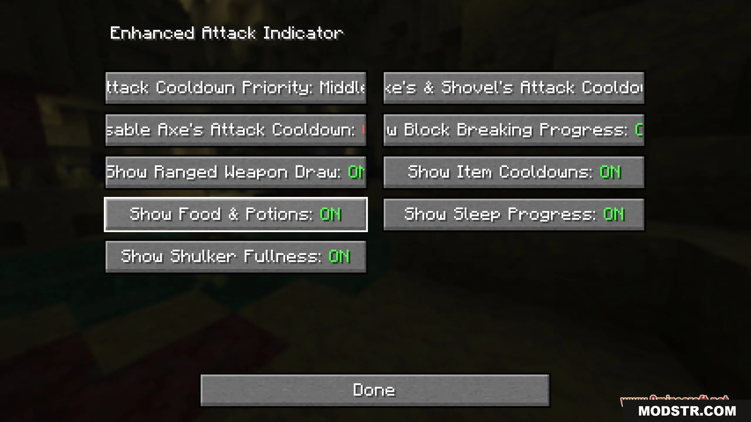 Enhanced Attack Indicator 9minecraft Mod Screenshot 4 Configuration menu for Enhanced Attack Indicator showing various toggleable display settings