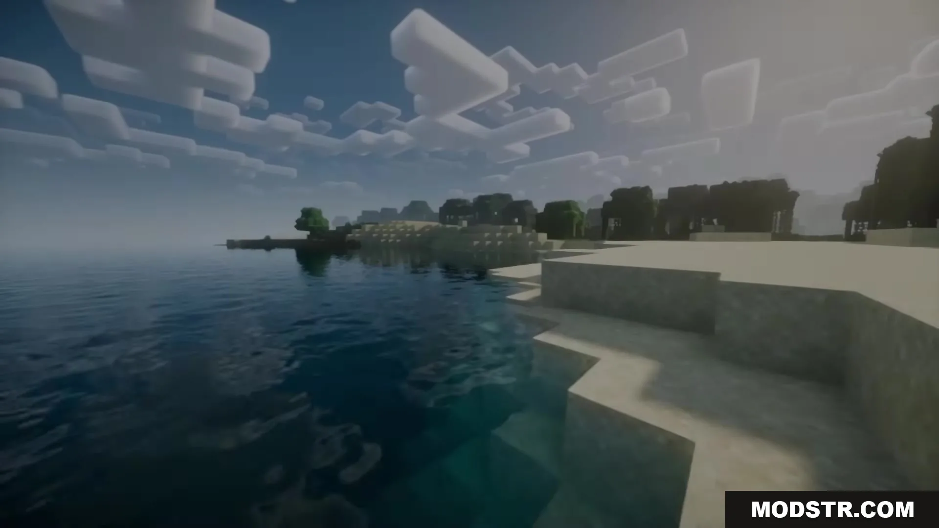 Enhanced Audio Ambience Sound Pack Resource Pack Screenshot 5 A serene Minecraft beach scene with realistic water reflections and clouds