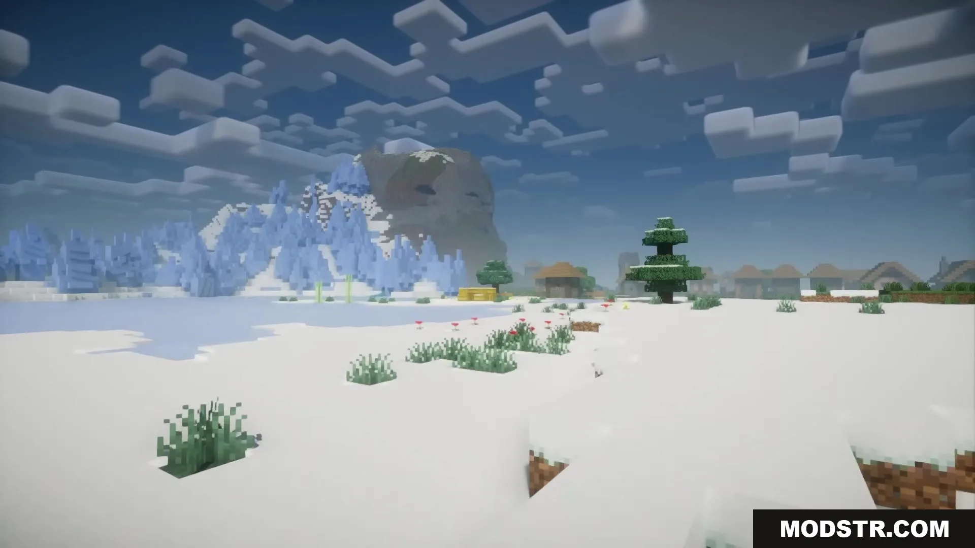 Enhanced Audio Ambience Sound Pack Resource Pack Screenshot 3 A snowy landscape with a frozen lake and mountains under a cloudy sky