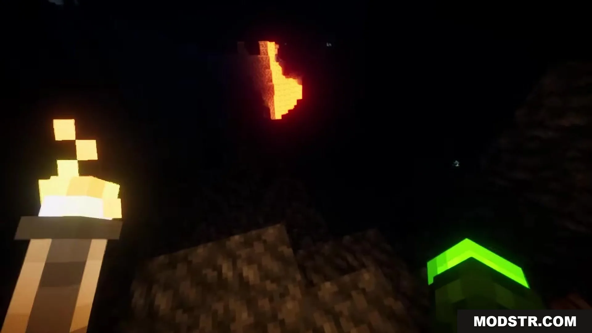 Enhanced Audio Ambience Sound Pack Resource Pack Screenshot 8 Looking up at a glowing light source while holding a lit torch