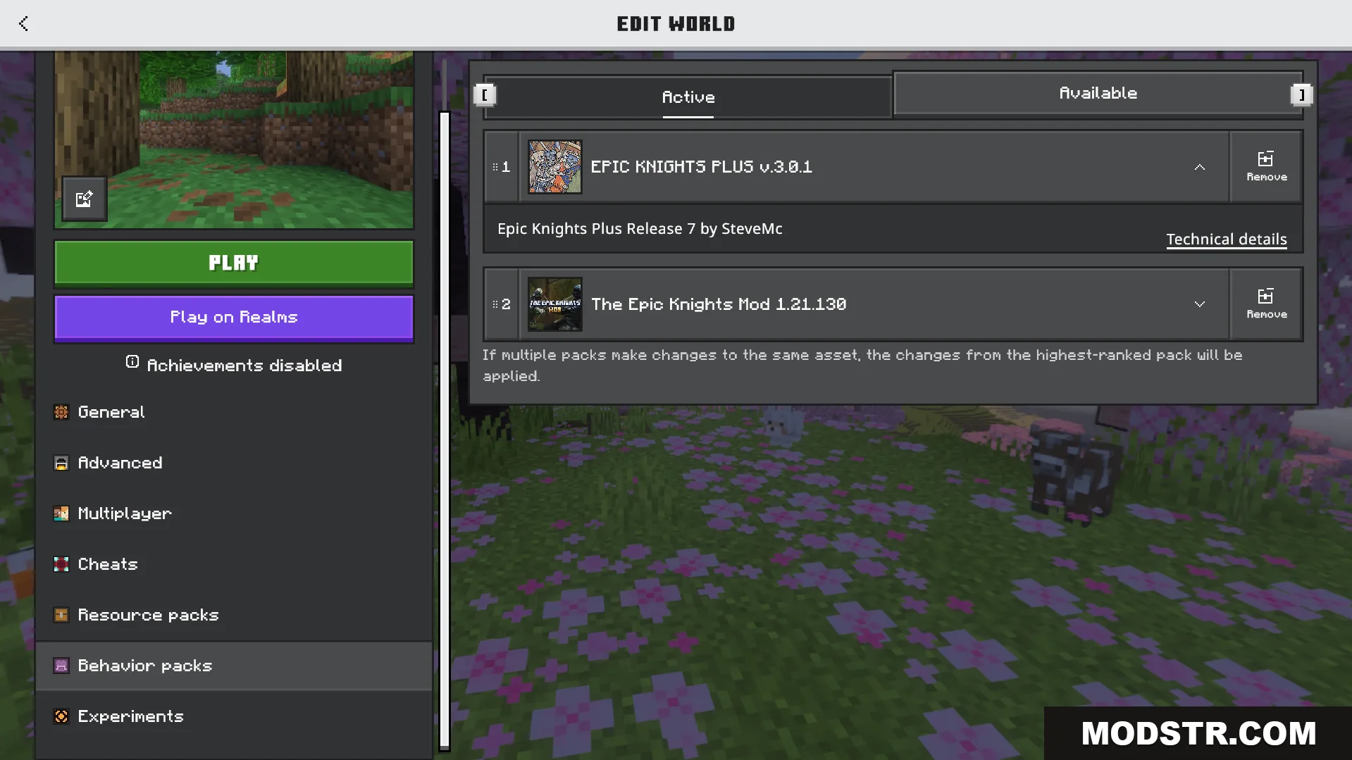 Epic Knights Plus Addon Screenshot 1 Minecraft menu screen showing active behavior packs for Epic Knights Plus