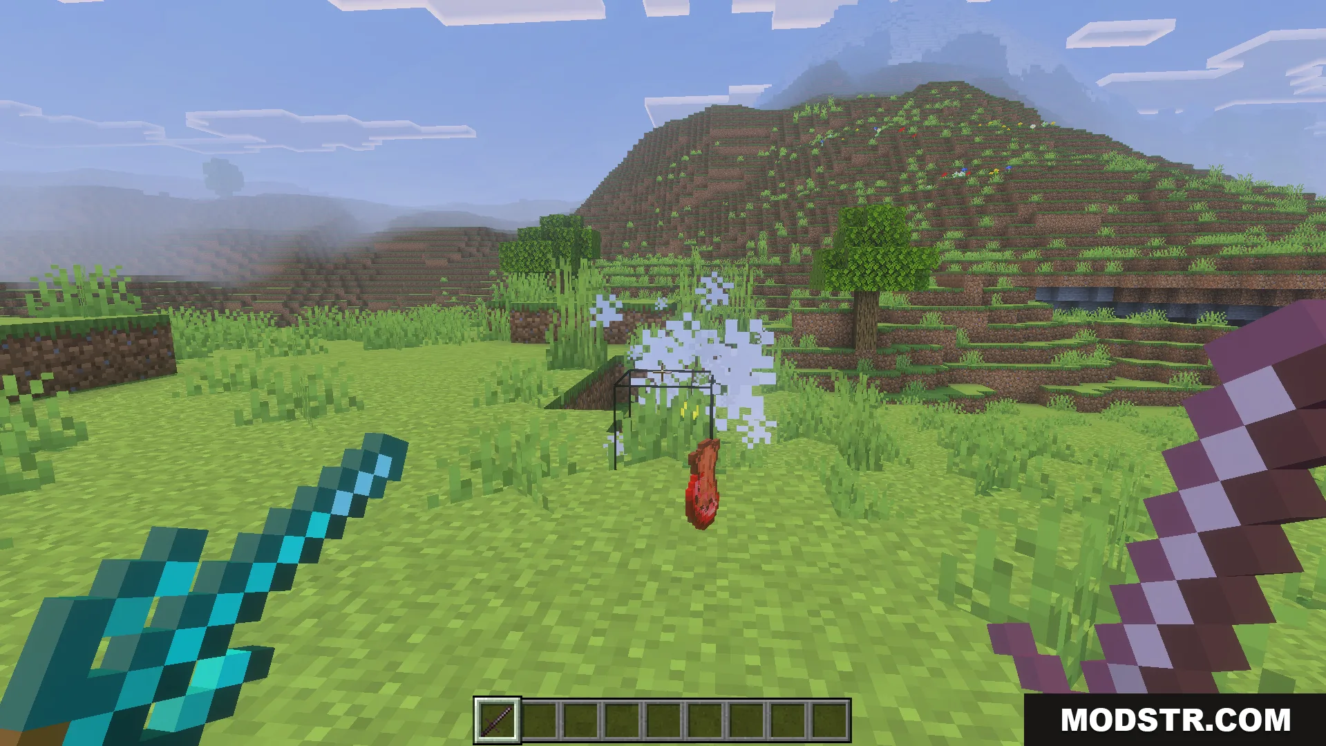 Epic Knights Plus Addon Screenshot 8 First person view of player dual wielding medieval swords near floating meat