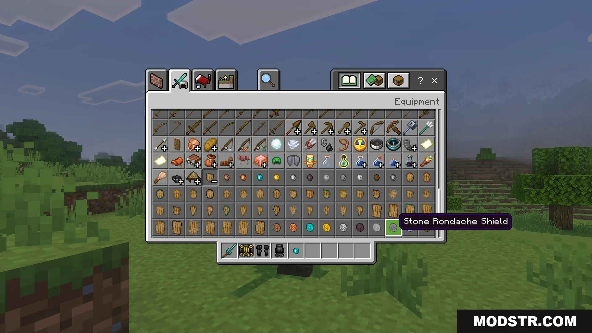 Epic Knights Plus Addon Screenshot 6 Creative inventory displaying various medieval weapons and the stone rondache shield item