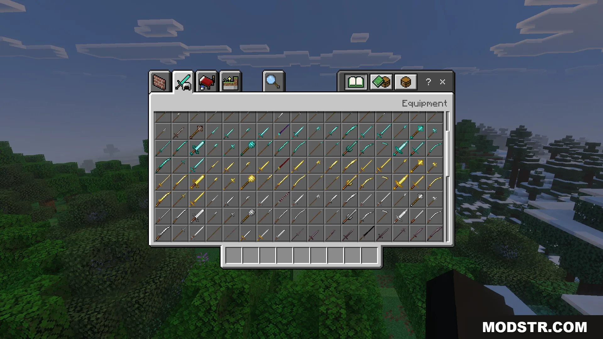 Epic Knights Plus Addon Screenshot 2 Player viewing many new medieval weapons in the creative inventory equipment tab