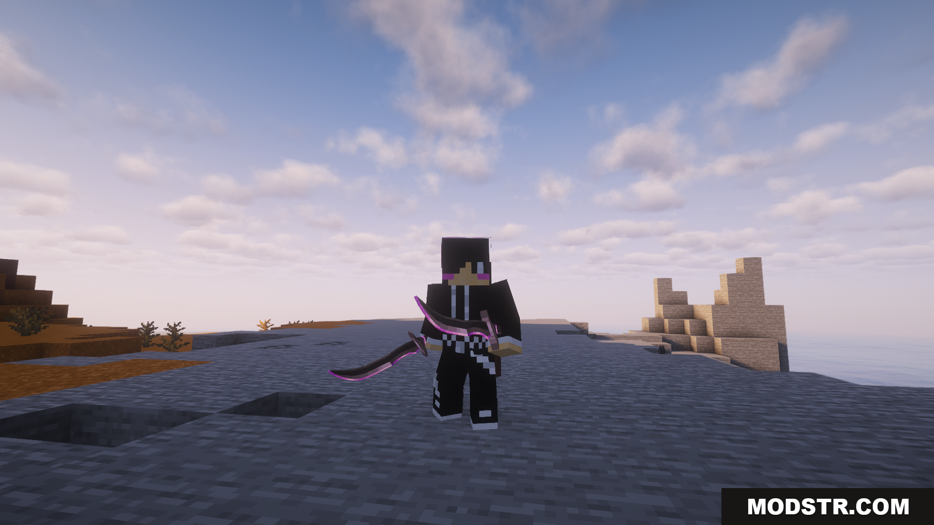 EpicFight Awaken Mod Screenshot 5 Player wielding dual glowing swords by the ocean