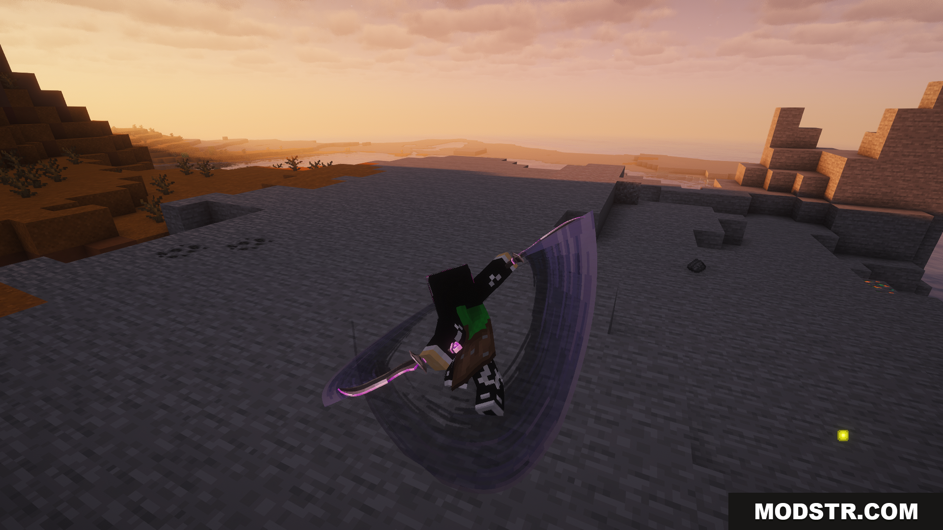 EpicFight Awaken Mod Screenshot 13 Player performing a spinning attack with dual purple blades