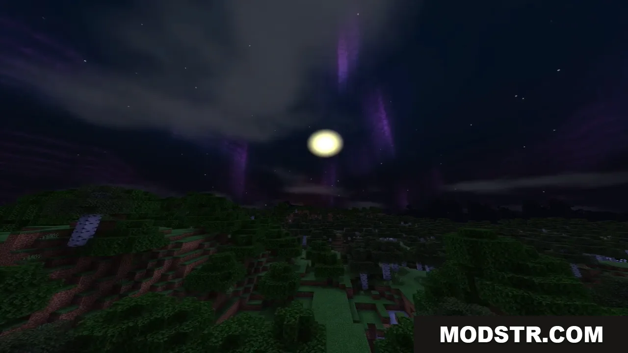 ESBE 1G Shader Screenshot 6 Bright moon and purple aurora lights glowing in the night sky over trees