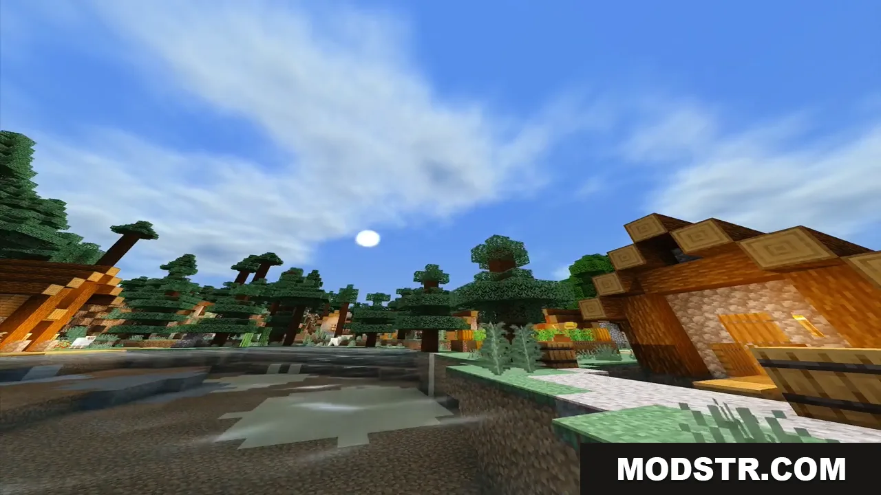 ESBE 1G Shader Screenshot 10 Bright sun shining over a wooden village in a spruce forest biome