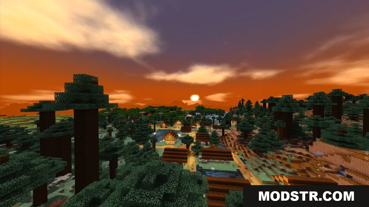 ESBE 1G Shader Screenshot 7 A peaceful Minecraft village nestled in a spruce forest during a vibrant sunset