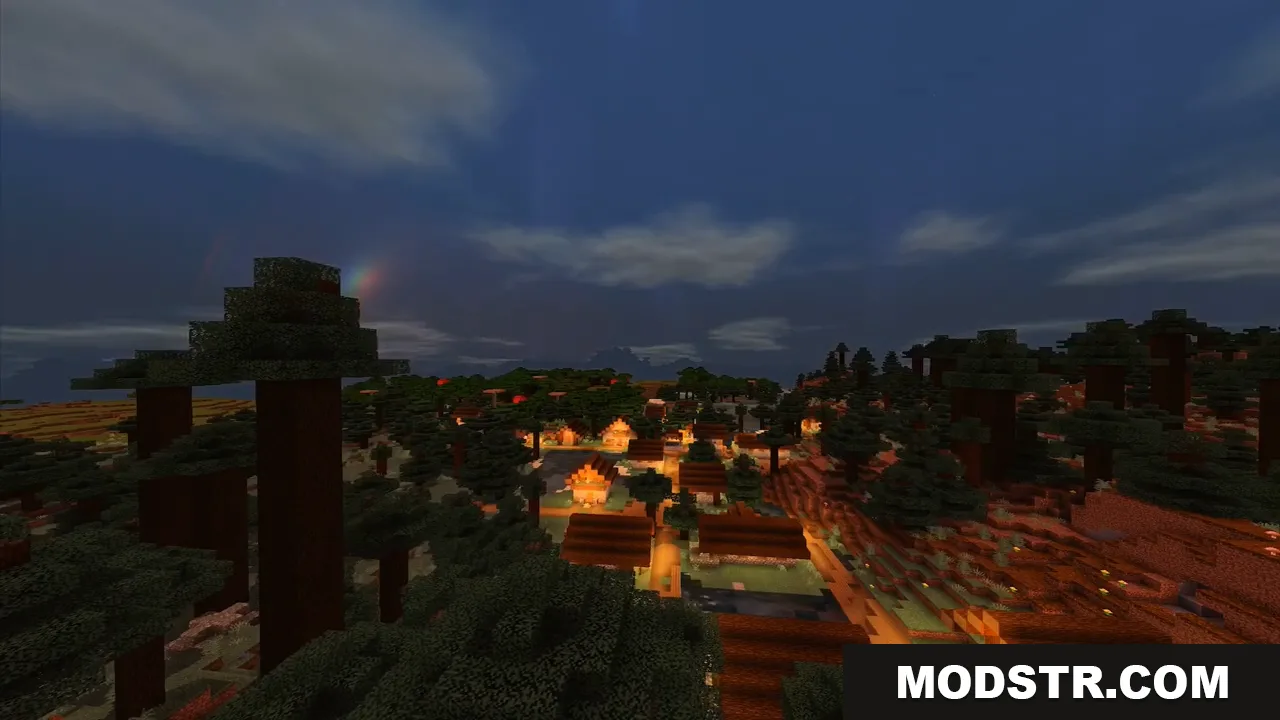 ESBE 1G Shader Screenshot 8 A quiet Minecraft village at night with warm lights glowing from the houses