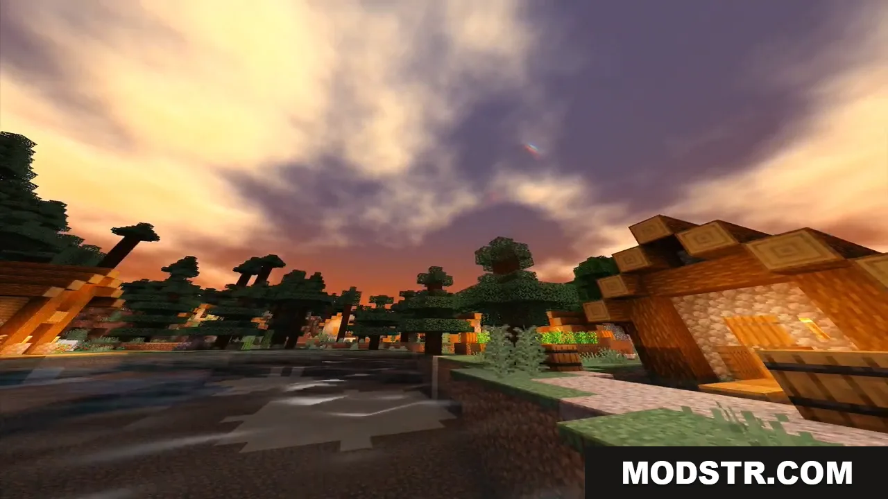 ESBE 1G Shader Screenshot 9 Sunset over a spruce forest village with realistic ESBE 1G Shader lighting