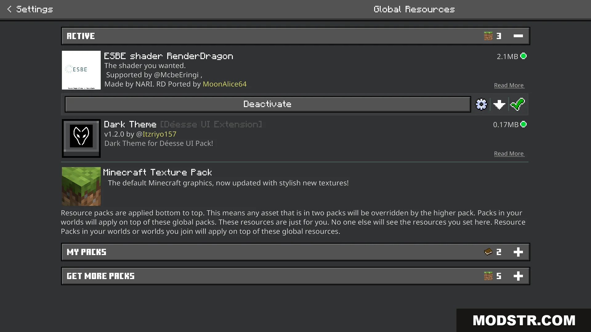 ESBE 1G Shader Screenshot 1 Minecraft global resources menu displaying the active ESBE shader RenderDragon pack