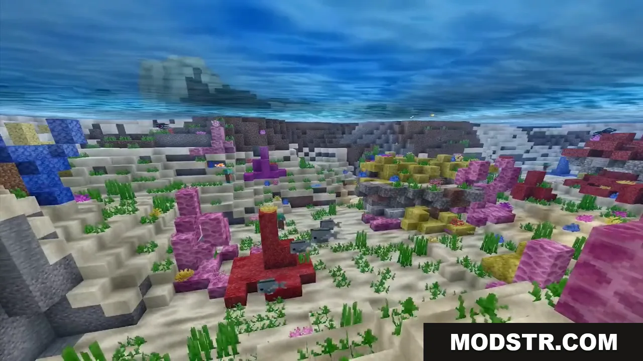 ESBE 1G Shader Screenshot 3 Vibrant underwater scene with colorful coral reefs and small fish swimming near sand