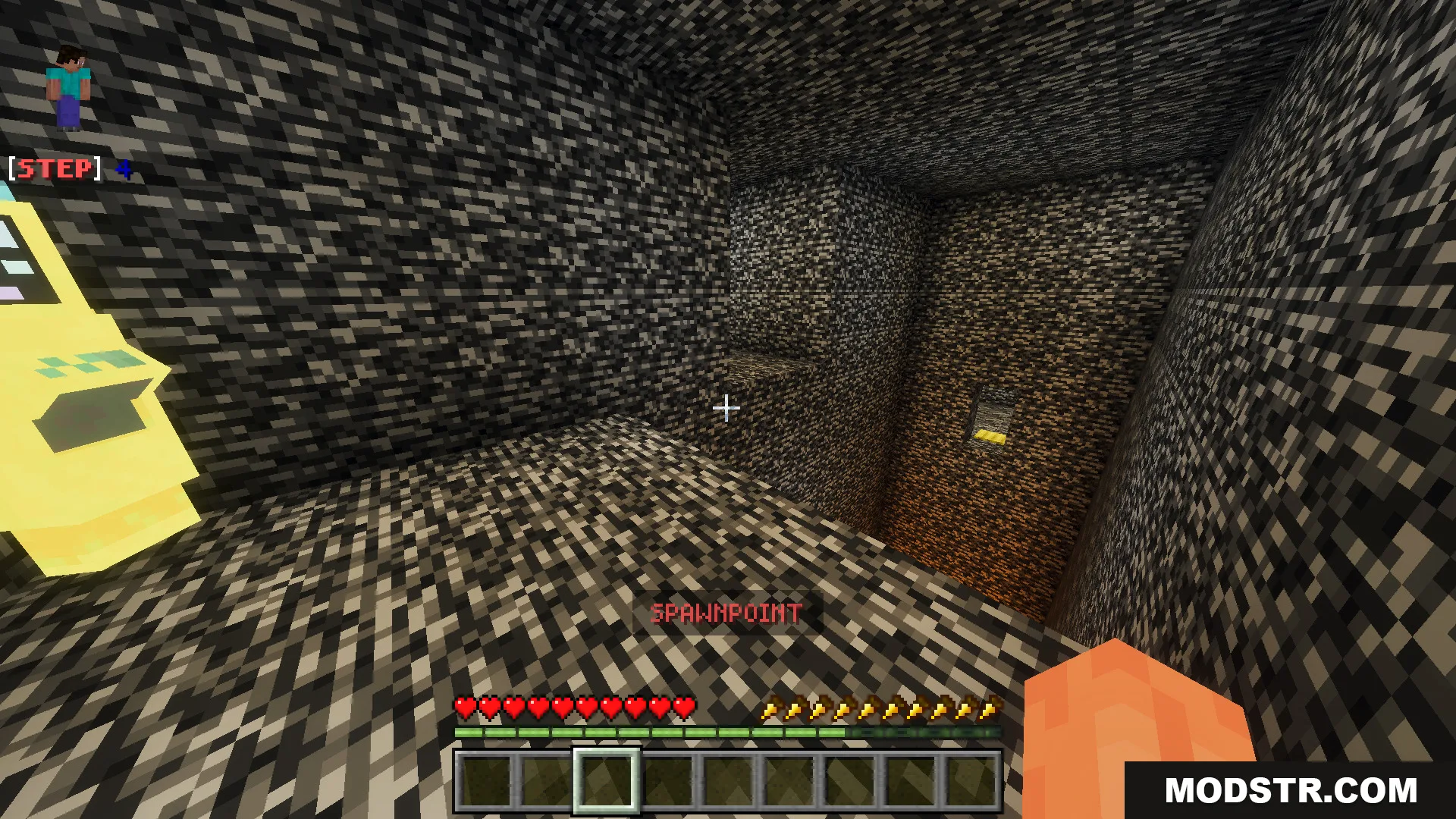 Player looking down a deep bedrock pit with small platforms for parkour challenges