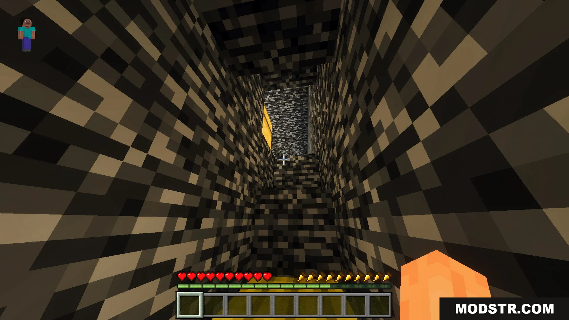 Navigating a tight bedrock corridor in the Escape from Bedrock Prison 10 map