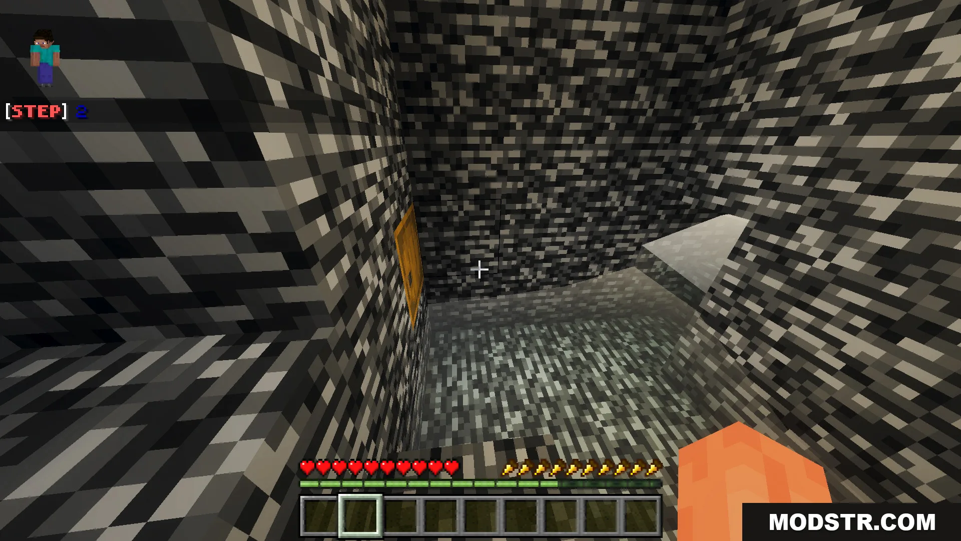 First person view of a player exploring a bedrock room with a door