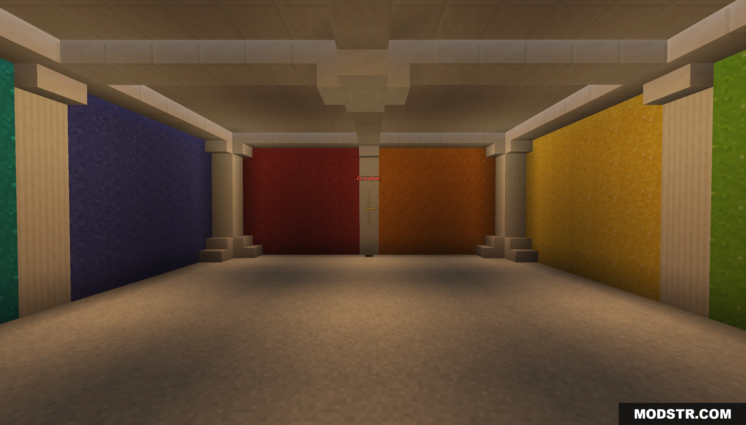 Wide view of a puzzle room featuring multi colored walls and sandstone pillars