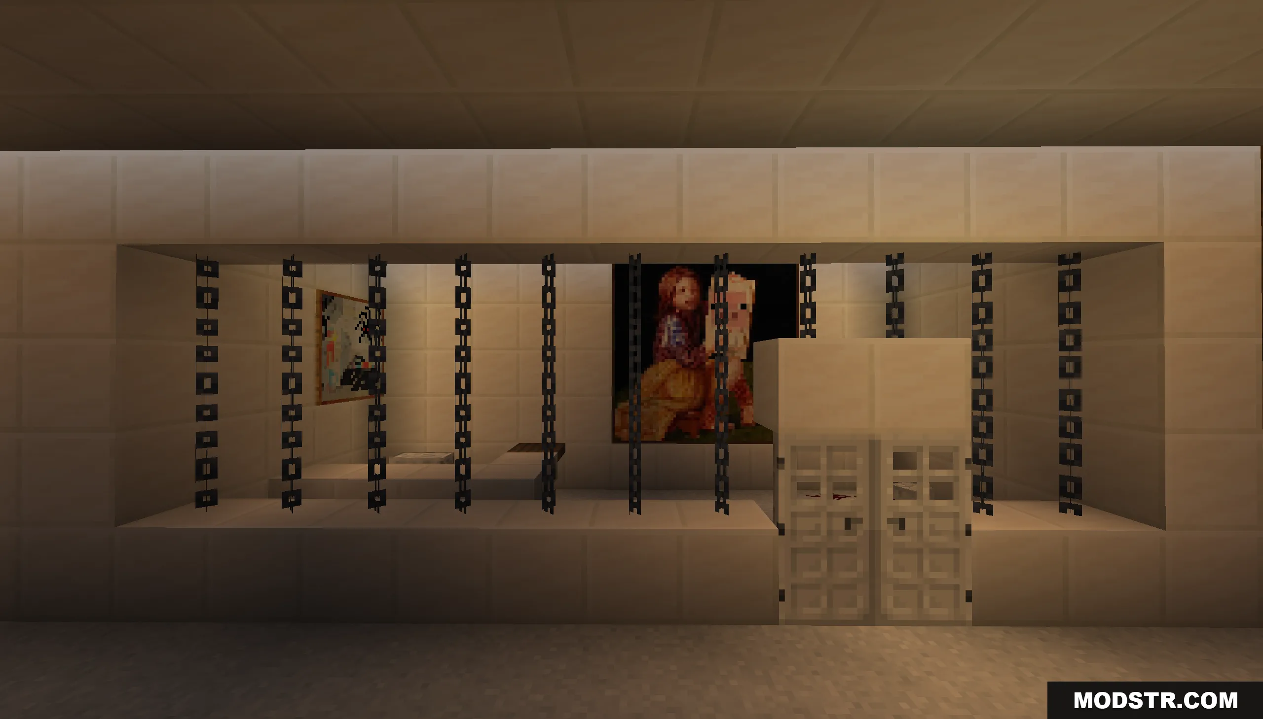 White prison cell with iron chain bars and paintings on the wall