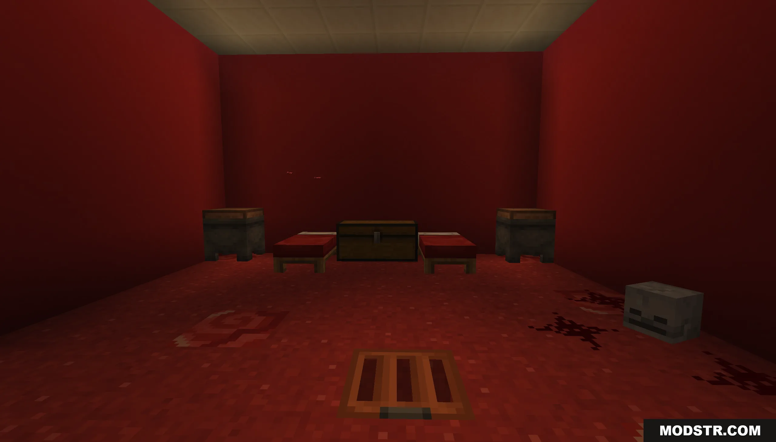Red themed puzzle room featuring beds a chest and a skeleton skull