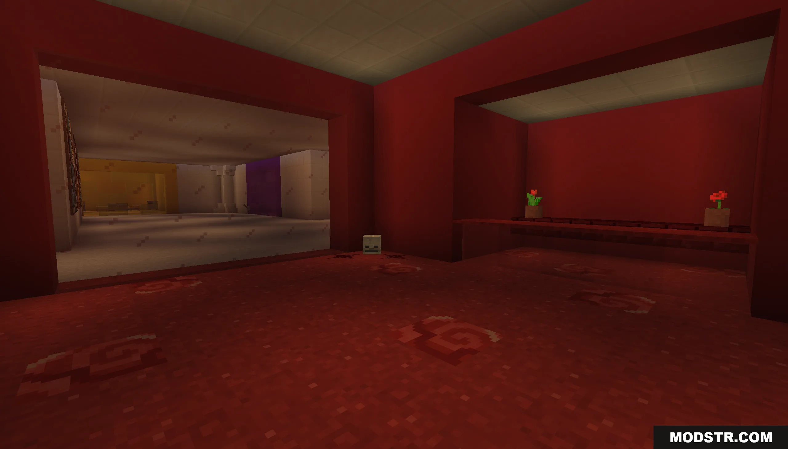 View from a red prison room into a bright hallway with potted flowers