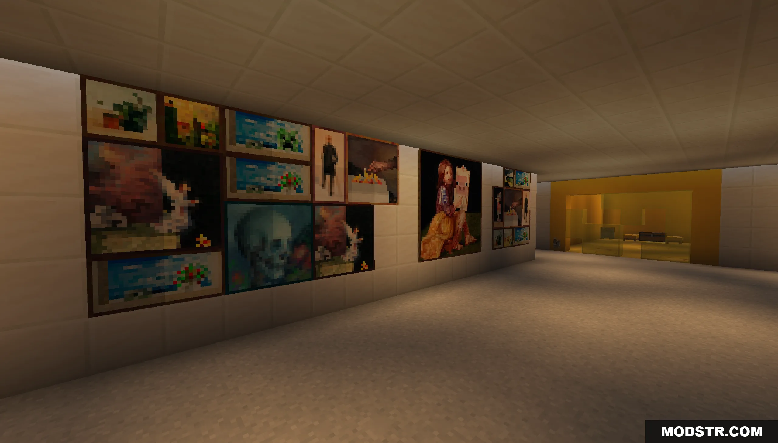 A bright white hallway decorated with a large wall of Minecraft paintings