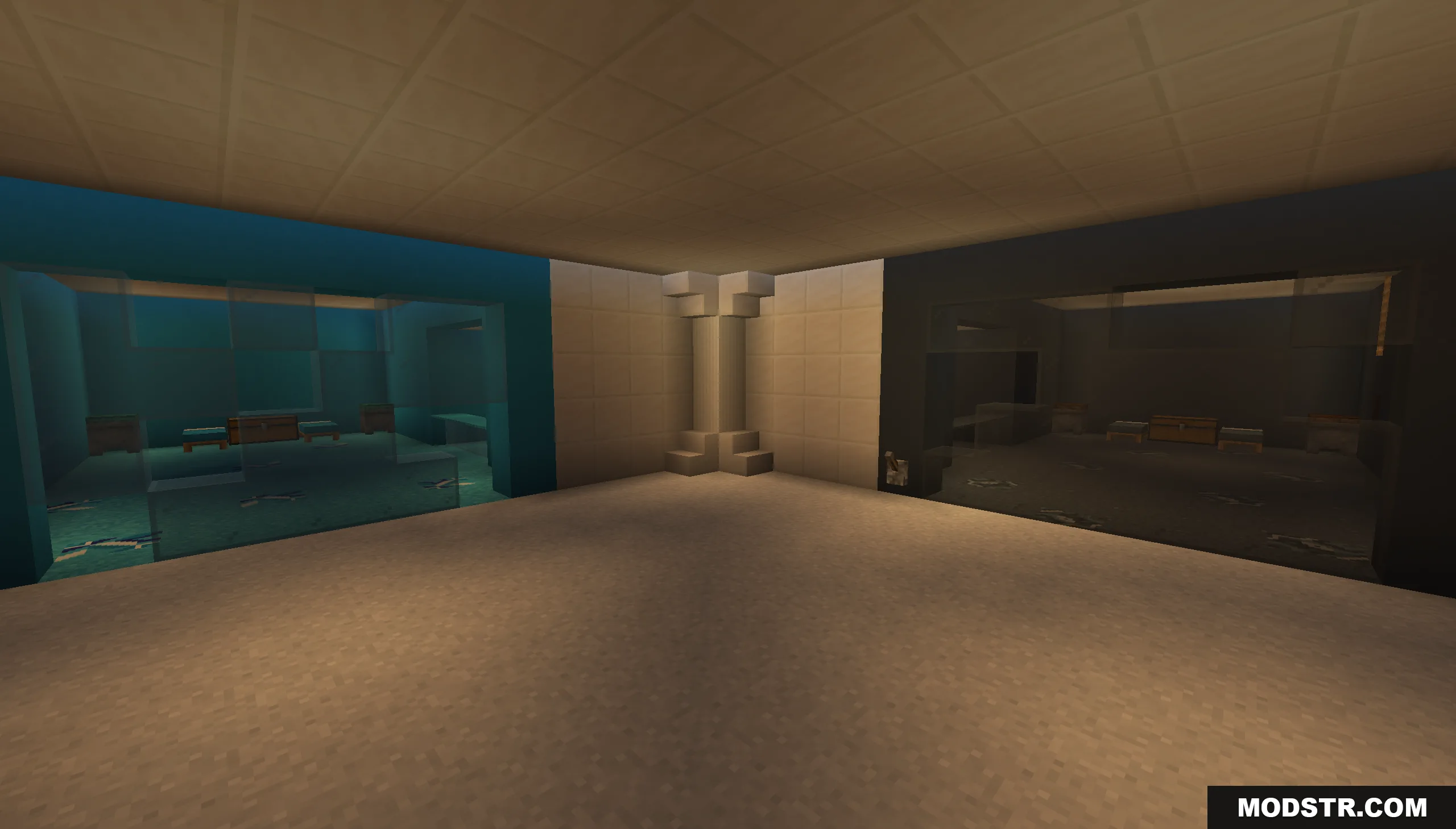 Large empty room connecting to blue and dark colored prison cells