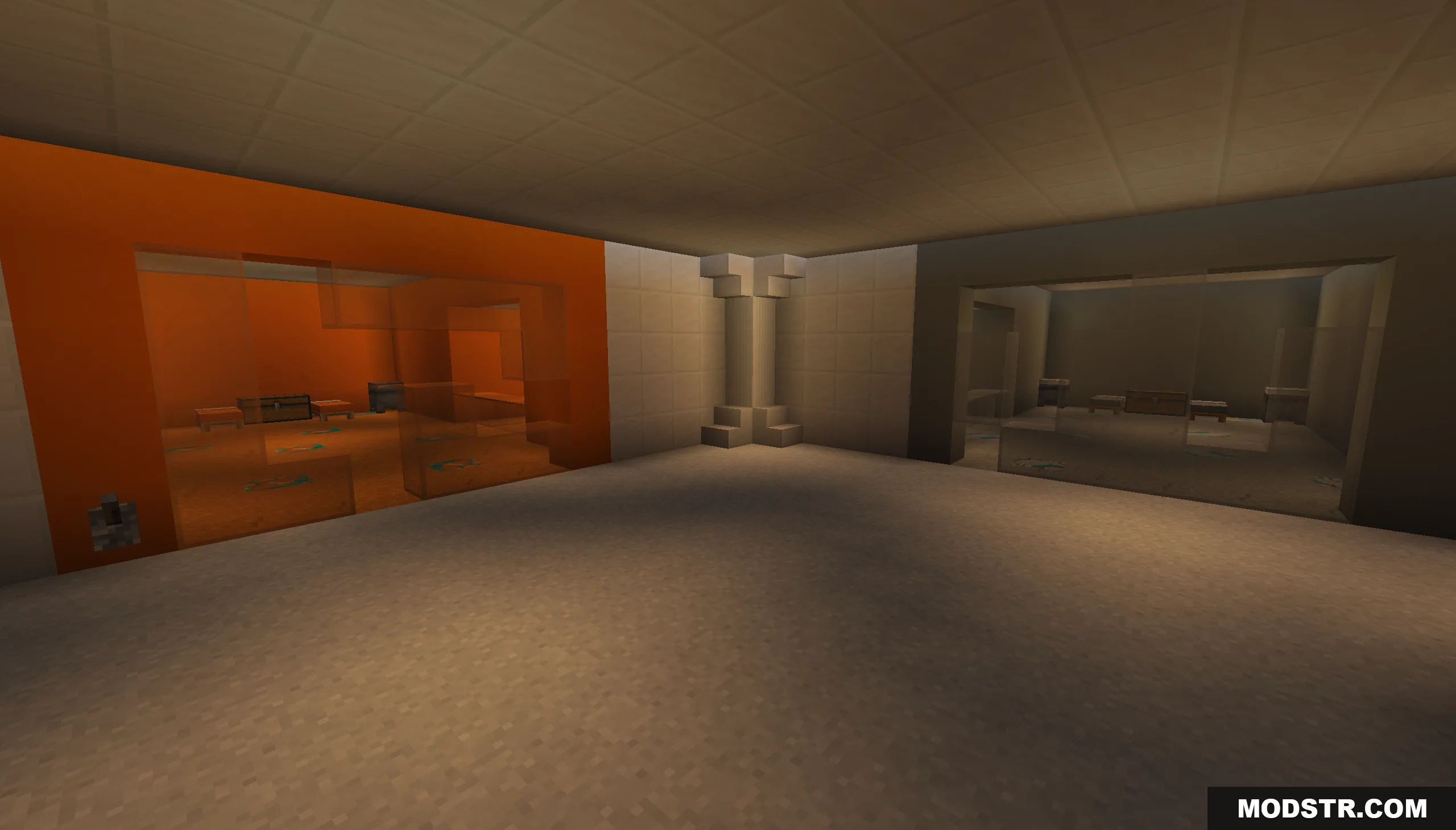 Viewing two separate glass enclosed puzzle rooms with orange and grey walls