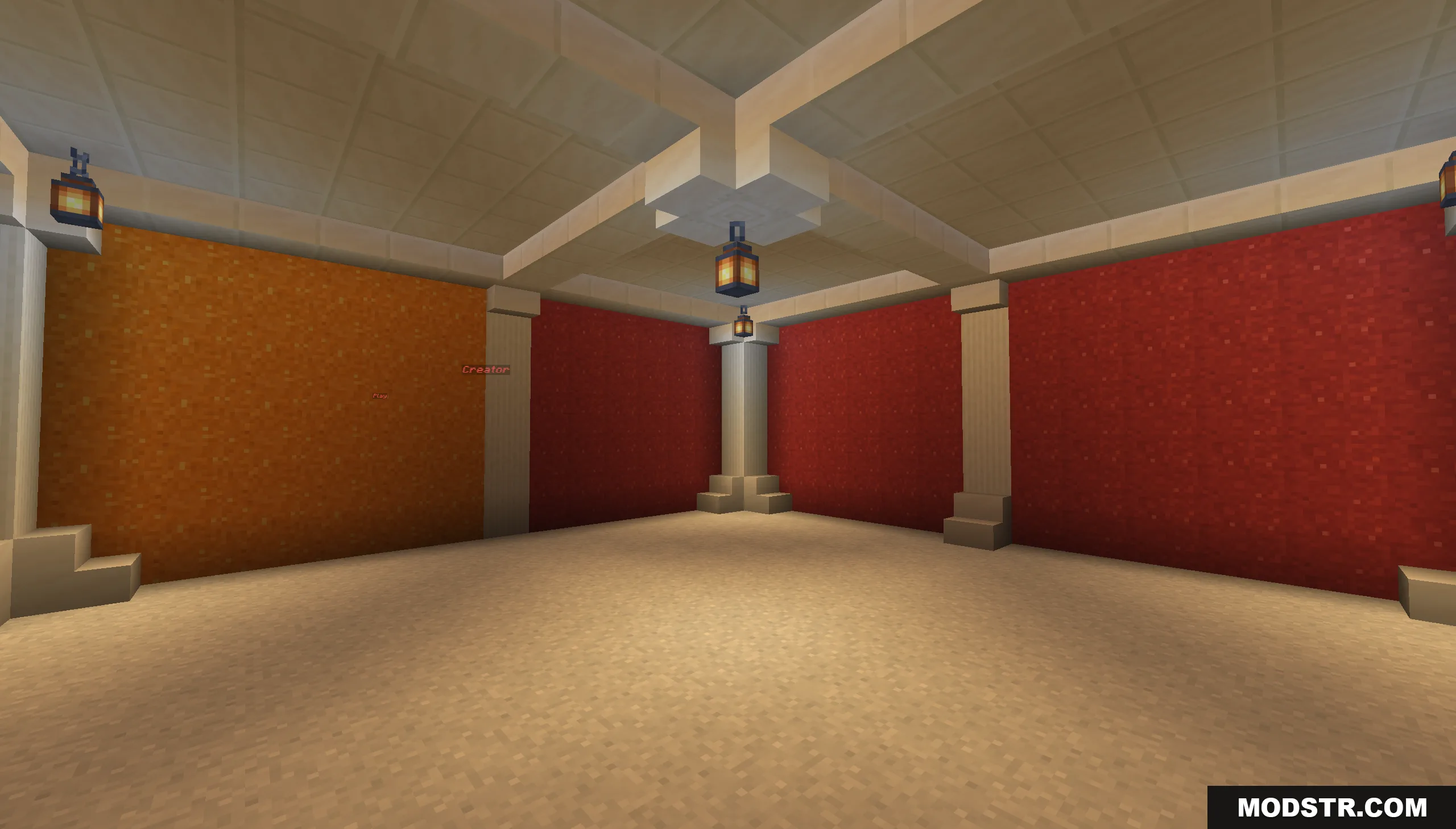 Brightly colored room corner with orange and red walls and hanging lanterns