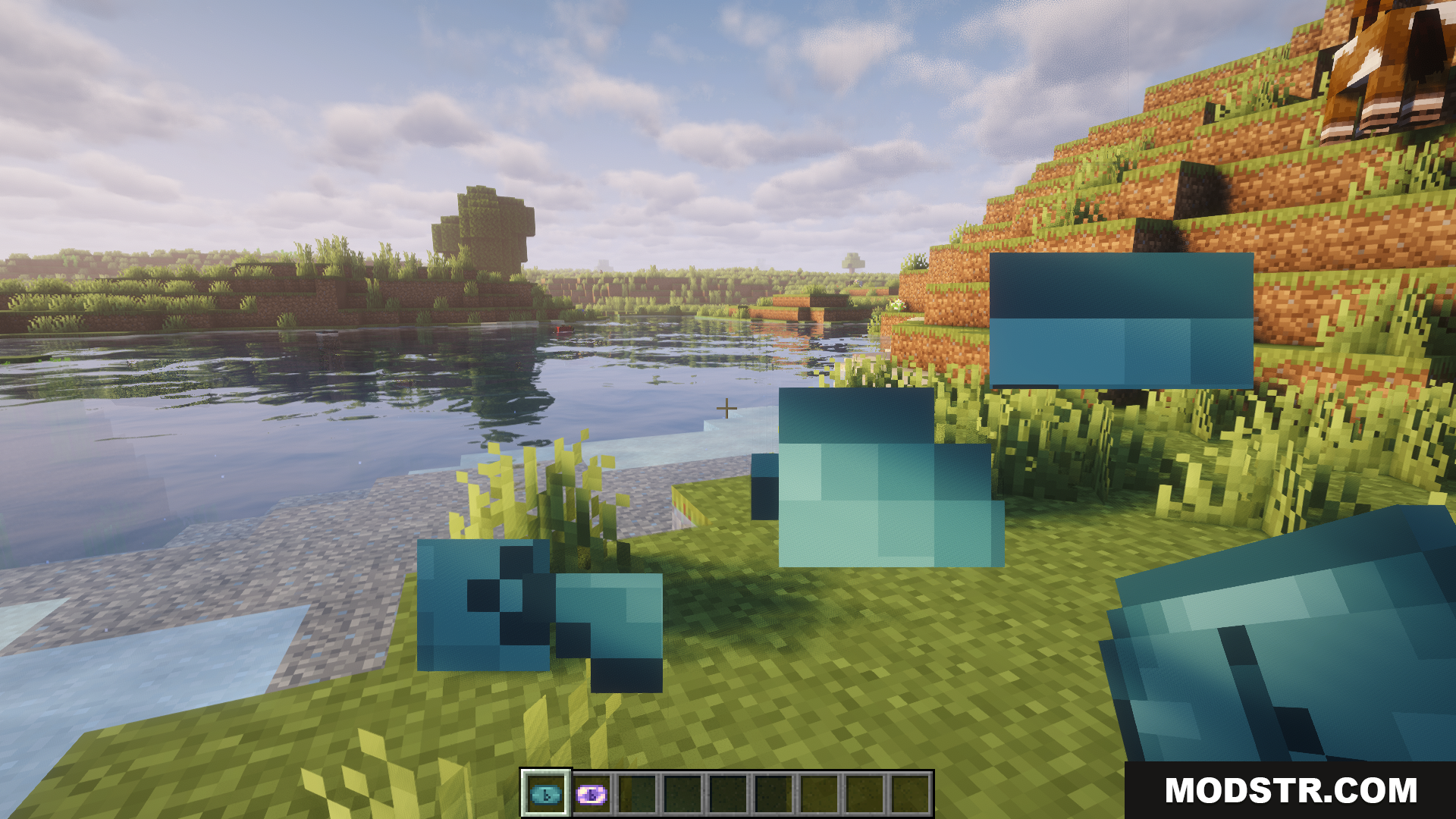 Estrogen Mod Screenshot 6 Player dashing near a river with blue particle effects