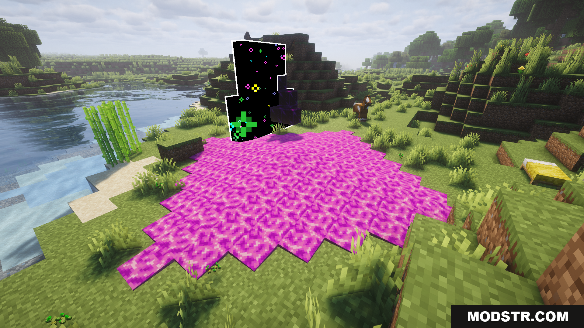 Estrogen Mod Screenshot 14 A dark, glitchy portal on a patch of pink blocks