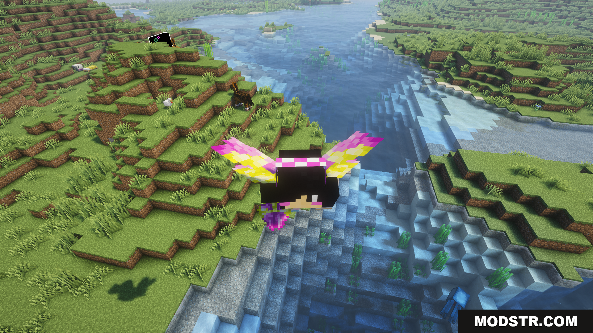 Estrogen Mod Screenshot 13 Player with colorful wings flying over a river landscape