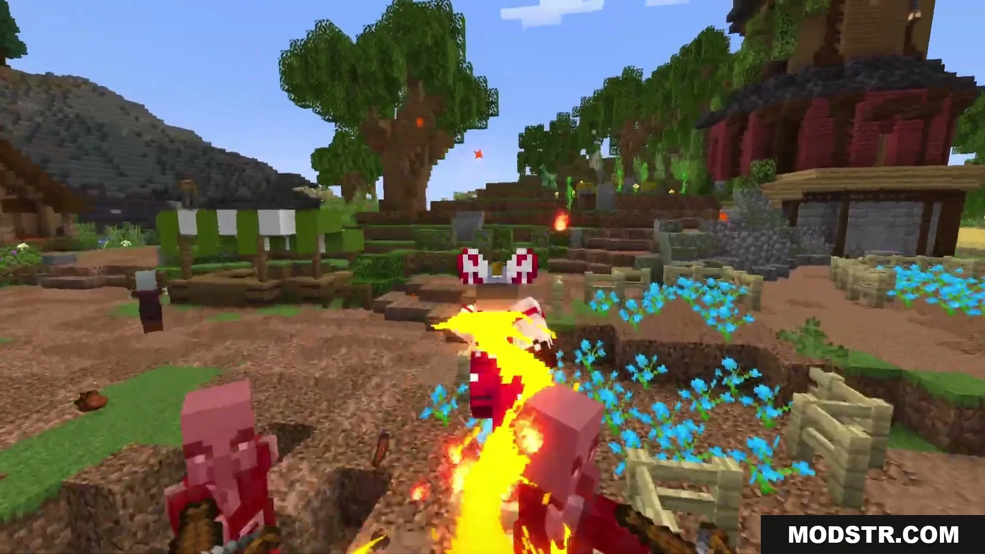 Eternal Ember Blight Mod Screenshot 5 A player character uses powerful fire attacks to defeat hostile pillager mobs
