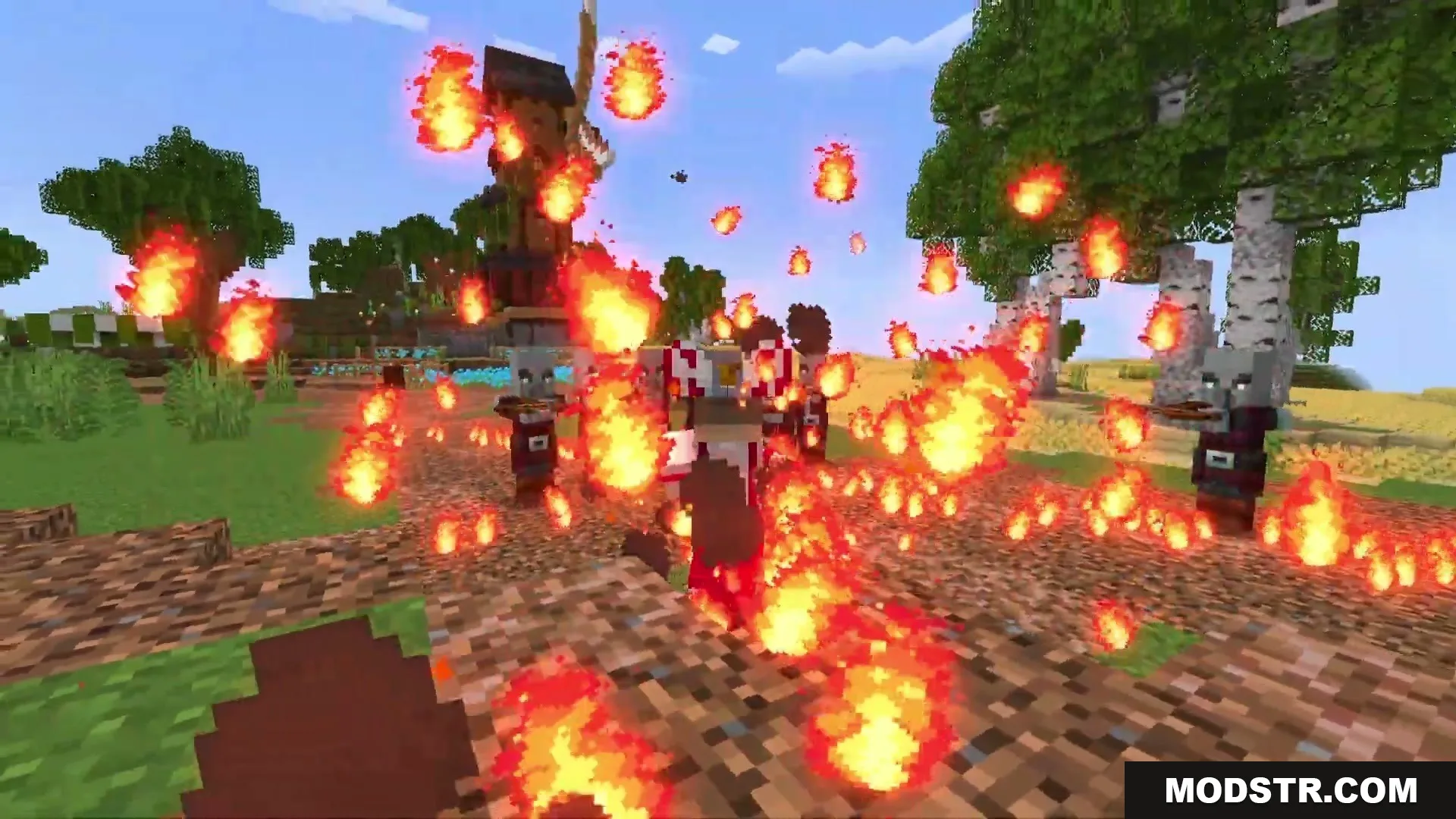 Eternal Ember Blight Mod Screenshot 14 Numerous fireballs surround a player character during a battle in a field