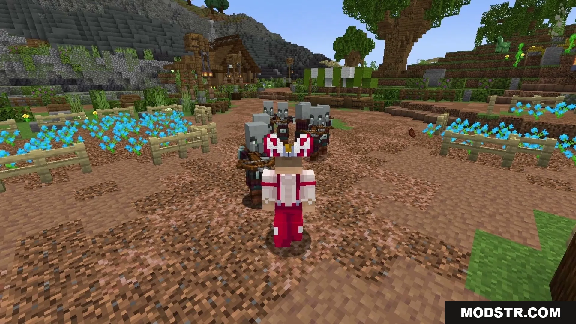 Eternal Ember Blight Mod Screenshot 1 A player wearing custom red and white armor surrounded by several hostile pillagers